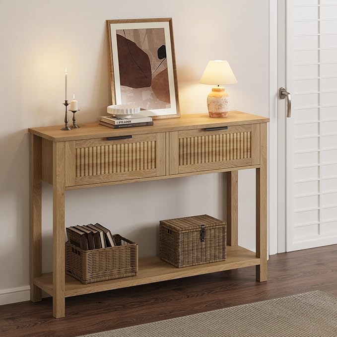 GAOMON Farmhouse Entryway Table,43 Inch Wood Console Table with 2 Drawers,2 Tier Sofa Table with Storage for Living Room, Foyer Tables for Entryway-Burlywood