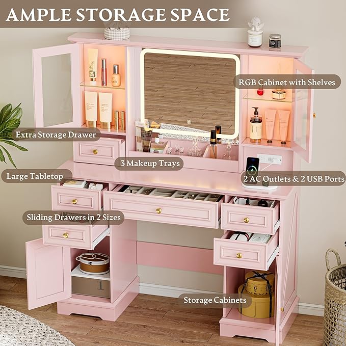 Vanity Desk with HD Lighted Mirror & Power Outlet, Farmhouse Makeup Vanity Table Set with Storage Drawers & RGB Cabinets, Large Dressing Table with 3 Lighting Modes for Women Girls Kids Bedroom, Pink
