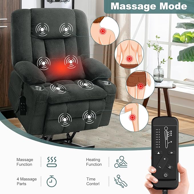 Infinite Position Power Lift Chair, Dual Motor Power Lift Recliner Chair with Massage and Heat Function for Elderly People, USB Ports, Premium Grey