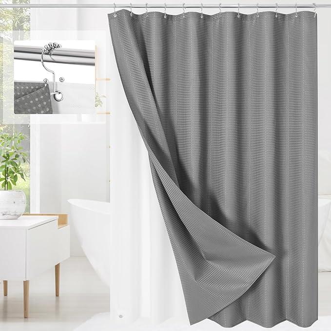 3 in 1 Extra Long Shower Curtain Set-72 W x 84 H, Grey Waffle and PEVA Liner Set with 12 Stainless Steel Hooks, Waterproof Fabric for Bathroom