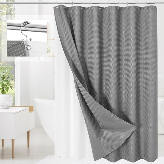 3 in 1 Shower Curtain Set, Grey Waffle Shower Curtain and PEVA Liner Set with 12 Stainless Steel Shower Curtain Hooks, Gray Waterproof Fabric Shower Curtains for Bathroom, 72 W x 72 H