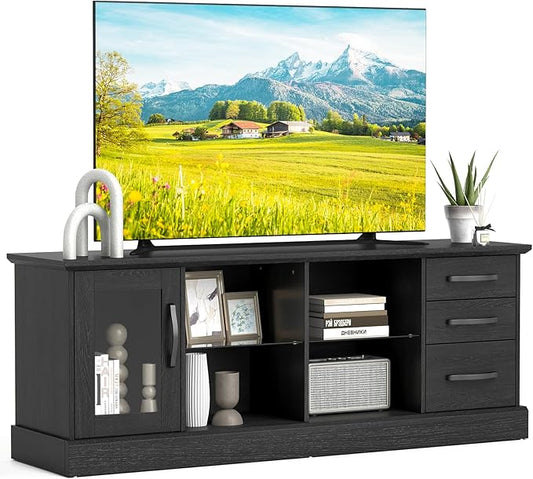 Giantex Farmhouse TV Stand for 73 Inch TV, Wood TV Console Table w/Removable Glass Shelves, Cable Management Holes & Drawers, Rustic Entertainment Center with Storage for Living Room, Bedroom, Black