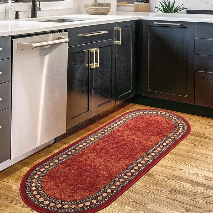 Antep Rugs Alfombras Modern Bordered 2x5 Non-Skid (Non-Slip) Low Profile Pile Rubber Backing Kitchen Area Rugs (Maroon Beige, 2' x 5' Oval)