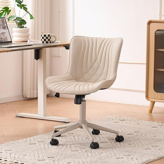 YOUTASTE All Cream Office Chair, Modern Armless Desk Chair with Back, Adjustable Swivel Rolling Faux Leather Task Chair with Wheels Metal Base for Home Office, Study, or Vanity