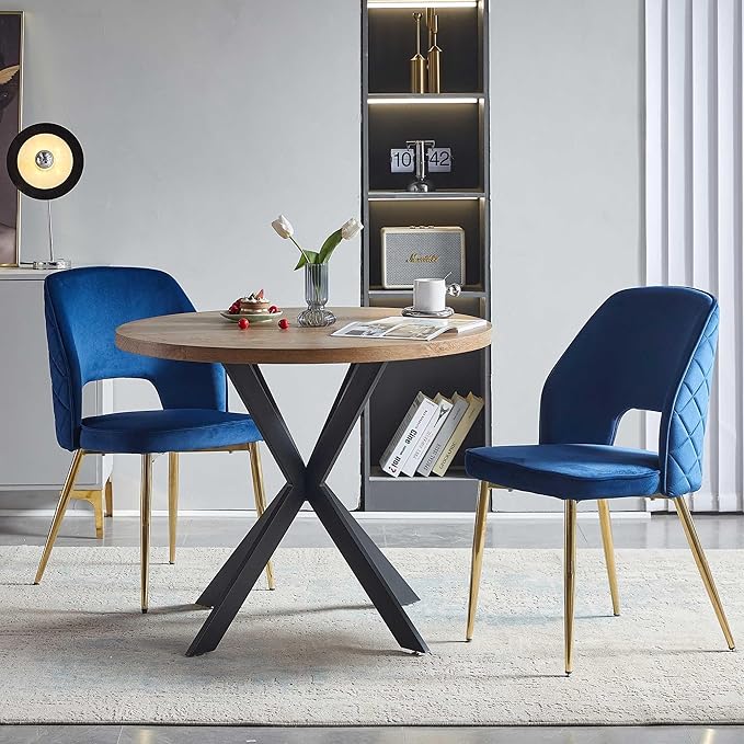 NORDICANA 3-Piece Dining Table Set for 2 - Space Saving 37-Inch Round Table and Chairs, 2 Seaters Dining Set with Upholstered Dining Chairs (Navy Blue)