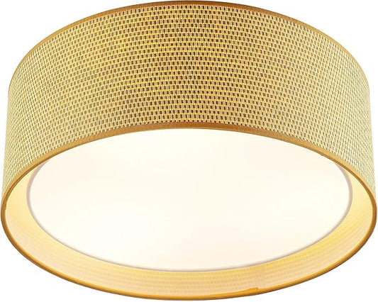 WINGBO 20" Modern 5-Light Flush Mount Ceiling Light Fixture with Fabric & Acrylic Double Drum Shade for Bedroom Living Room Dining Room Hallway Entryway, Flaxen