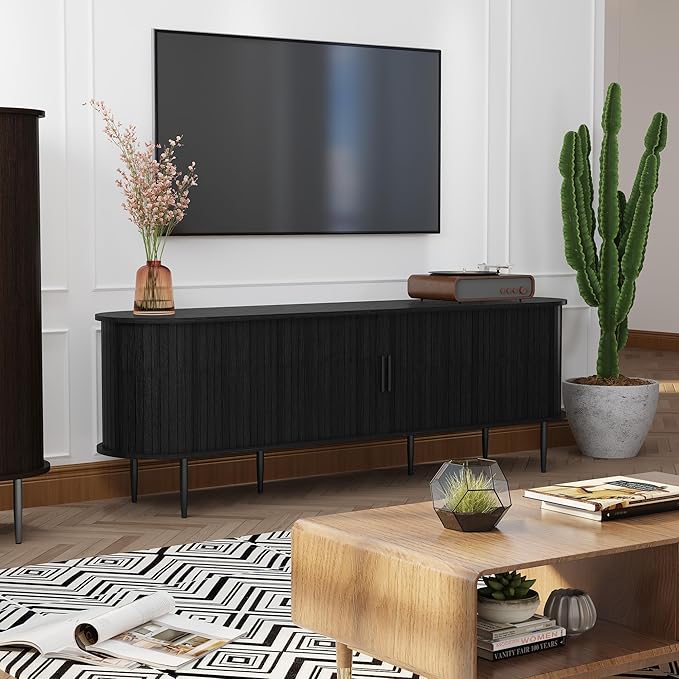 ARTPOWER 70" Modern TV Stand with Tambour Door for TVs up to 80", Entertainment Center with Storage, Fluted Television Consoles for Living Room, Black