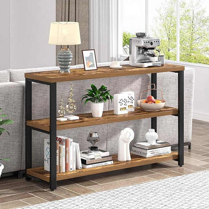 EXCEFUR Industrial Sofa Console Table, Entryway Table with 3 Tier Wood Storage Shelves, Foyer Table for Living Room Hallway Behind Couch, Rustic Brown