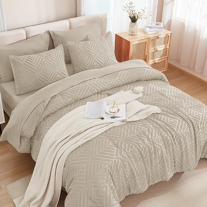 Andency Comforter Full Size Set with Sheets Oatmeal - 7 Pieces Bed in a Bag Boho Tufted Bedding Sets Fluffy Lightweight Full Bed Set with Comforter, Sheets, Pillowcases & Shams for All Season