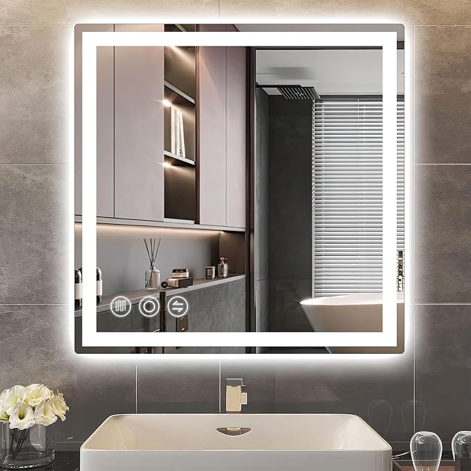 LED Bathroom Mirror 24"x 24" with Frontlit and Backlit, Anti-Fog Bathroom Vanity Mirror, Stepless 3 Colors Temperature & Dimmable Bathroom Mirror, Memory Tempered Glass Mirror for Bathroom