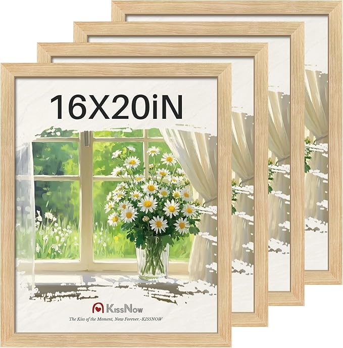 16x20 Picture Frame 4 Pack, Natural Oak Wood, Wall Gallery Poster Frame