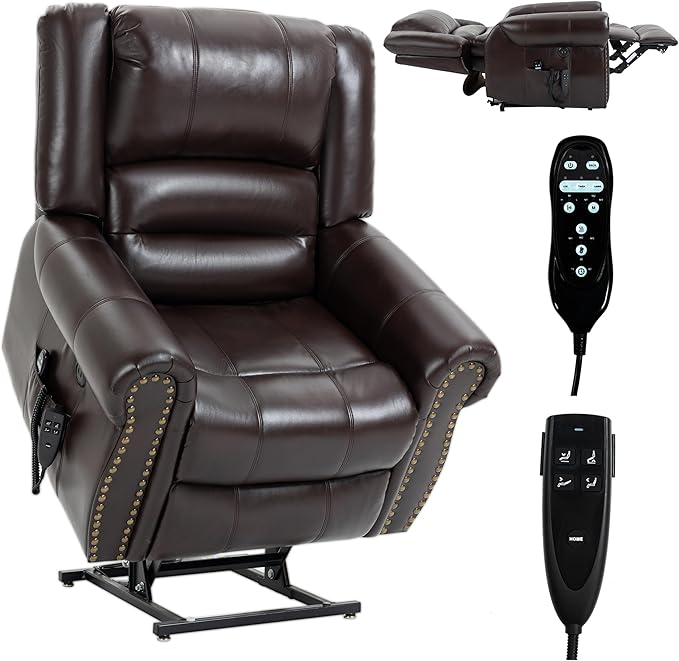 Dual Motor Power Lift Chair, Lay Flat Recliner Chair, Electric Recliner with Massage and Heat for Elderly, Remote Control, Infinite Position, Standing Assistance, USB Ports, Faux Leather, Brown