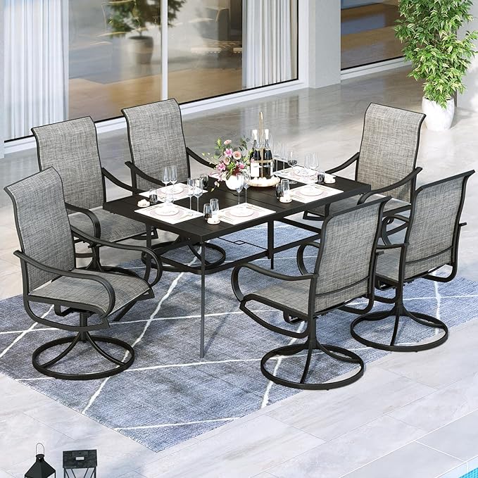 MFSTUDIO Patio Table and Chairs Set, Patio Dining Sets for Deck/Backyard/Poolside/Garden, Outdoor Dining Set for 6 with Umbrella Hole, Metal Frame