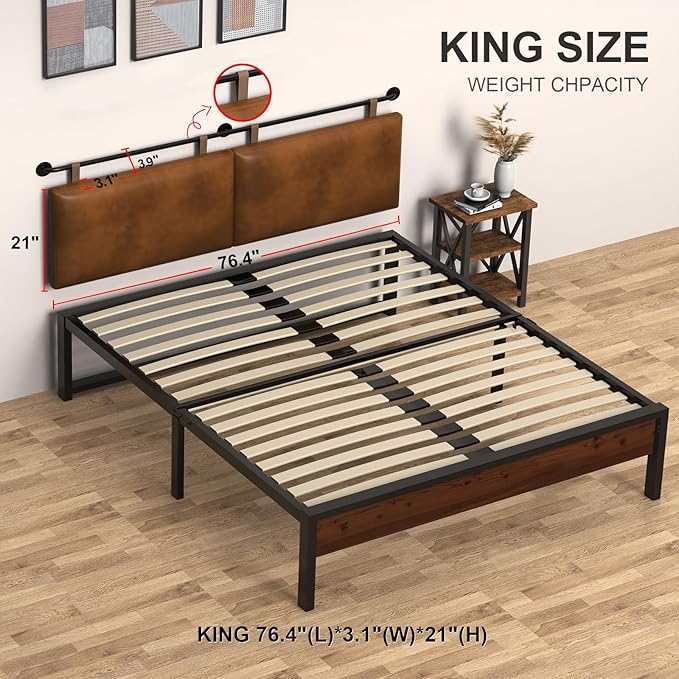 King Size Bed Headboard Wall Mount PU Leather Head Board Only Brown Hanging Head Boards, Industrial Pipe Modern Bed Backboard for Bedroom(Brown Leather, King)