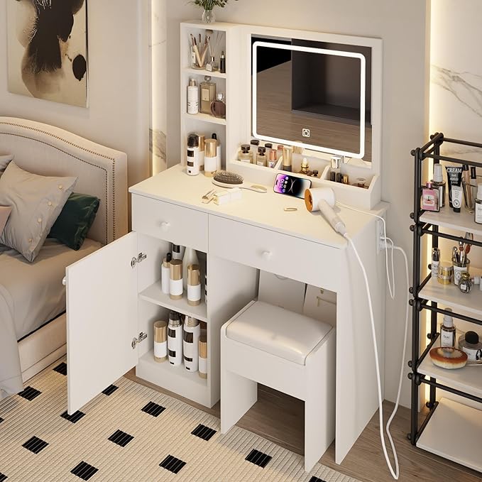 Dressing Table Set, Large Storage Space vanity with Mirror, Power Outlet, Makeup Vanity Bench with 2 Drawers Cushioned Stool for Beauty Storage & Cosmetics, Vintage Vanity Desk for Women (White)