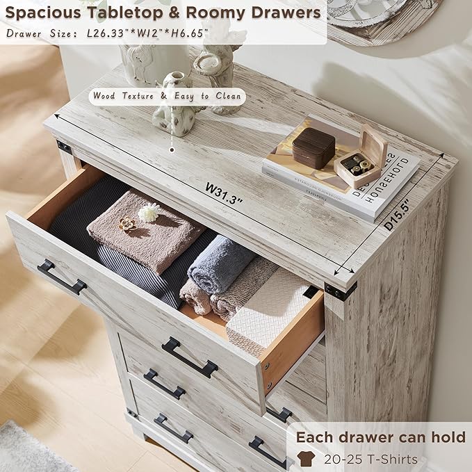 Farmhouse 5 Drawers Dresser for Bedroom, Wood Tall Chest of Drawers with Thick Plank Styling, Rustic Closet Dresser for Bedroom, Living Room, Antique Brush White