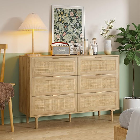 Furnideco 6 Drawer Rattan Dresser for Bedroom Wood Dresser for Closet with Solid-Wood Legs Boho Chest of Drawers Beside Table for Bedroom, Living Room, Natural