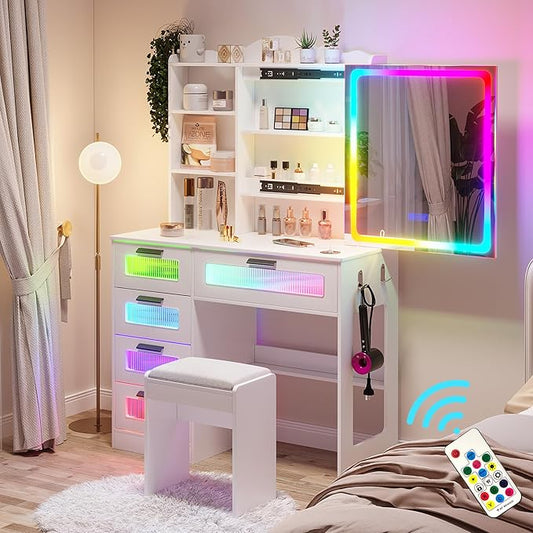 HNEBC Vanity Desk with Sliding Mirror and LED Lights, RGB Vanitys with Charging Station, Makeup Vanitys with Remote Control, White Dresser with Stool/Lager Drawers for Bedroom (White)