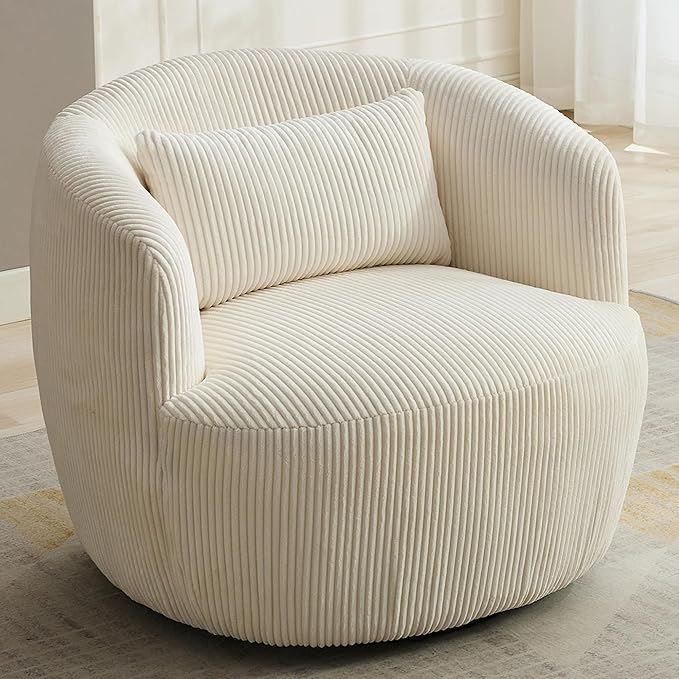Aoiy & Wifon 34.25" W Swivel Barrel Chair Set of 2, Upholstered Round Small Accent Chair, Single Comfy Barrel Chair for Living Room, Corduroy, Ivory