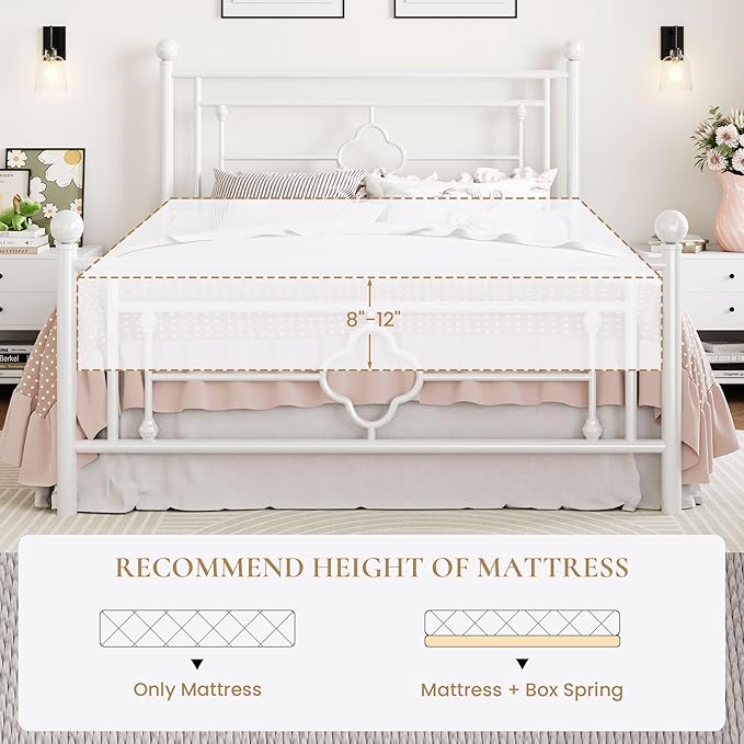 SHA CERLIN 14 Inches Full Size Metal Platform Bed Frame/Vintage Iron-Art Headboard and Footboard/Mattress Foundation for Storage/No Box Spring Needed/Noise-Free/Easy Assembly/White