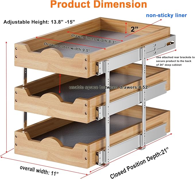 DINDON 3 Tier Pull Out Cabinet Organizer 11” W X21” D Slide Out Wood Drawer With Shelf Liner For Kitchen Pantry Organization