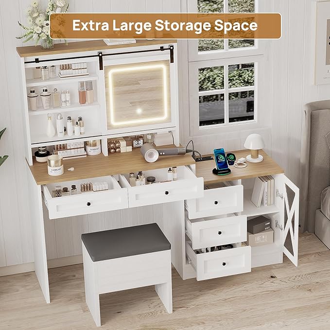 ALBAD Vanity Desk with Mirror and Lights Farmhouse Makeup Vanity Desk with Sliding Mirror and Vanity Stool Set Rustic Vanity Dresser with Organization and Storage Drawers and Charging Station White