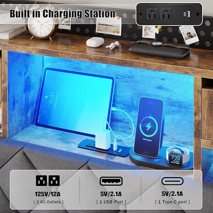 King Size Bed Frame with Upholstered Storage Headboard, King Bed Frame with Smart LED Lights, Camas King Bed with Charging Station,Noise-Free, Metal Support, No Box Spring Needed, Gray