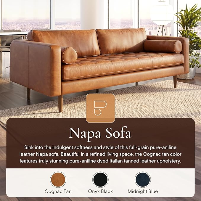 Poly & Bark Napa Leather Couch - 88.5-Inch Office Sofa with 2 Bolsters - Full-Grain Leather Sofa for Living Room with Feather-Down Topper - Living Room Couch - Vintage Italian Leather in Cognac Tan