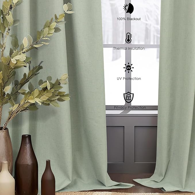 Dark Academia Decor Sage Green Linen Textured Blackout Curtains Panels 90 Inch Length Luxury Curtains for Living Room Pretty Heavy Thick Linen Black Out Thermal Long Drapes Back Tab Rod Pocket Pleated