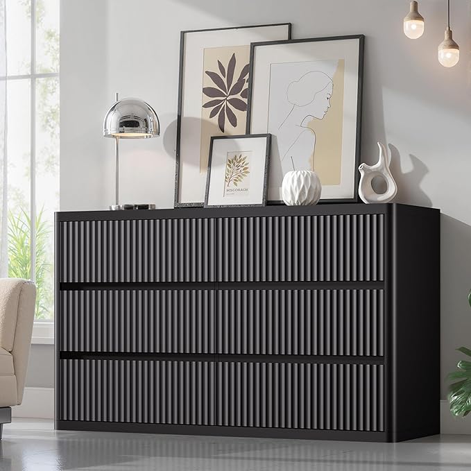 Black Dresser for Bedroom with 6 Double Drawers, 48" Wide Wooden Chest of Drawers with Curved Profile, Modern Fluted Dresser TV Stand, Wood Closet Clothes Storage Organizer for Living Room