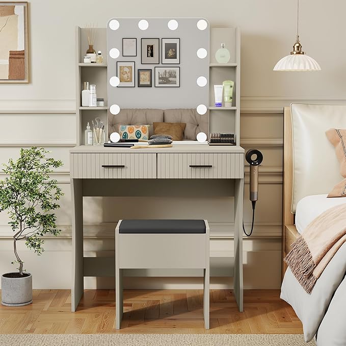 Small Vanity Desk with Mirror and Lights, Makeup Vanity Desk with 3 Color Modes Adjustable Bulb, 2 Large Drawers and 4 Open Storage Shelves, Gray Vanity with Charging Station for Bedroom