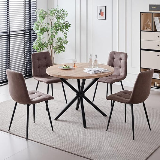 39" Round Dining Table Set for 4, Mid Century Kitchen Table with 4 Faux Leather Dining Chairs for Apartment Living Room Space Saving
