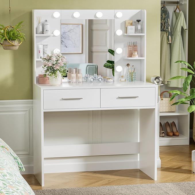 YESHOMY Vanity Desk with Mirror, Makeup Table with 2 Large Drawers, Power Outlet and Round Holder, 3 Color Modes Adjustable Bulb, White