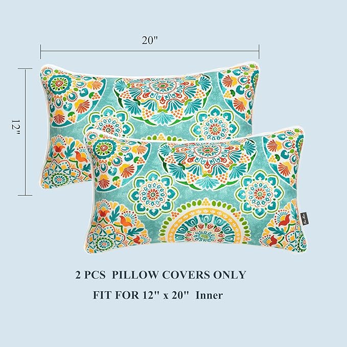 FUNHOME Indoor Outdoor Lumbar Pillow Covers ONLY, Water-Repellent Fade-Resistant Patio Lumbar Cases 12” x 20”, Throw Pillowcase Shell for Couch Garden Furniture Use -Cyan Circle