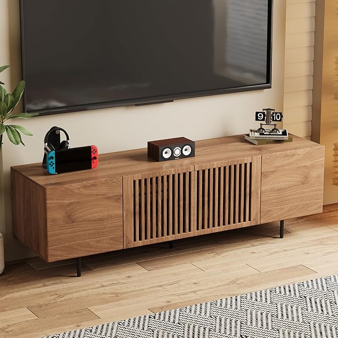70.87″ Mid Century Modern Walnut TV Stand with Grille Doors, Storage Cabinets,Entertainment Center for TVs Up to 80",Media Console for Living Room or Bedroom