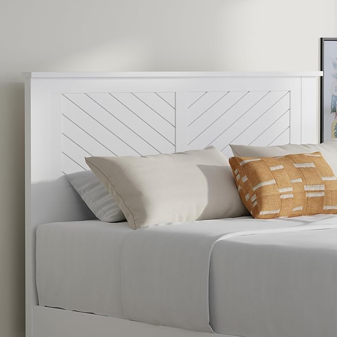 Serene Poplar Wood Full Headboard, Modern Farmhouse Panel with Chevron Scoring, Full Size Headboard in White, Casual Coastal Style, Easy Assembly, Quality Materials