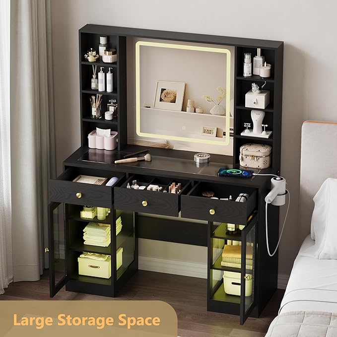 Vanity Desk with Mirror and Lights, Black Makeup Vanity with Glass Top & Drawers, 3 Lighting Modes, Power Outlet, RGB Glass Cabinets, Modern Dressing Table for Bedroom, Girls, Women, Teens
