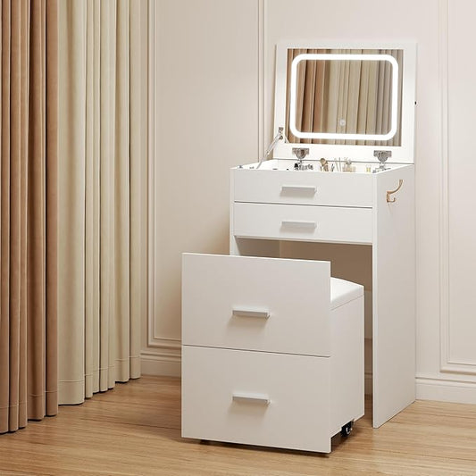 Vanity Desk with Mirror and Lights, Compact Vanity with 3 Drawers, Makeup Desk with Flip-up 3 Colors Lighting Mirror and Cushioned Stool, Small Vanities Perfect for Bedroom, White