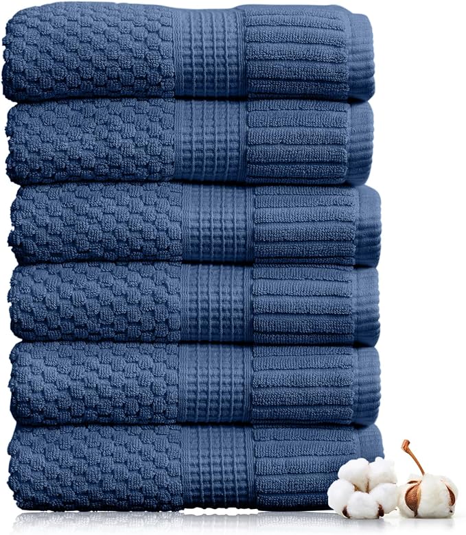 NY Loft 100% Cotton Hand Towels| 6 Pack Hand Towel Set | Absorbent & Quick-Dry Hand Towels 16" x 28" |Textured and Durable Cotton | Trinity Collection (6 Pack Hand Towel, Navy Blue)