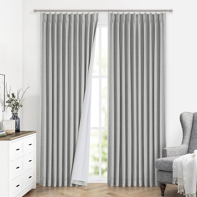 Vision Home Light Grey Pinch Pleated Full Blackout Curtains Linen Blended 60" Wide Thermal Insulated Window Panels 84 inch for Bedroom Living Room Darkening Pleat Drapes with Hooks Back Tab 60"Wx84Lx1