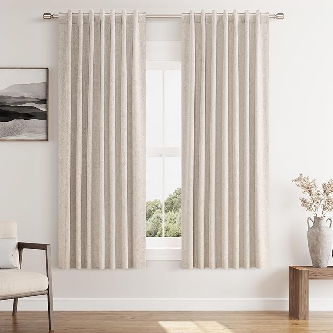 Guken Oatmeal Linen Blackout Curtains 63 Inch Length 2 Panels Set for Living Room Bedroom Back Tab Thermal Insulated 100% Black Out Linen Drapes Room Darkening Window Curtains 63 Inches Long