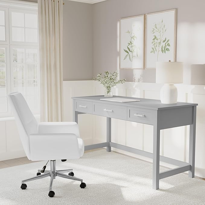 Martha Stewart Hutton Shaker Style Home Office Desk with 3 Drawers in Gray with Brushed Nickel Hardware