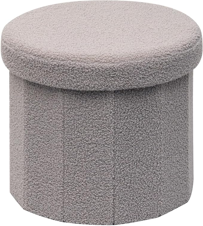 B FSOBEIIALEO Storage Ottoman Cube, Round Ottomans with Storage Foot Stool Footrest for Lving Room, Boucle Ottoman Seat for Dorm Room,Faux Teddy Fur, Grey 15"x15"x15"
