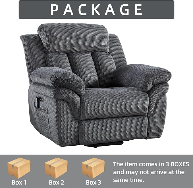 Phoenix Home Oversize Power Lift Recliner Chair with Heat & Massage for Elderly, Extra Large Electric Chair for Adult, Recliners for Living Room,2 Side Pockets, USB and Type-C Port, Dark Grey