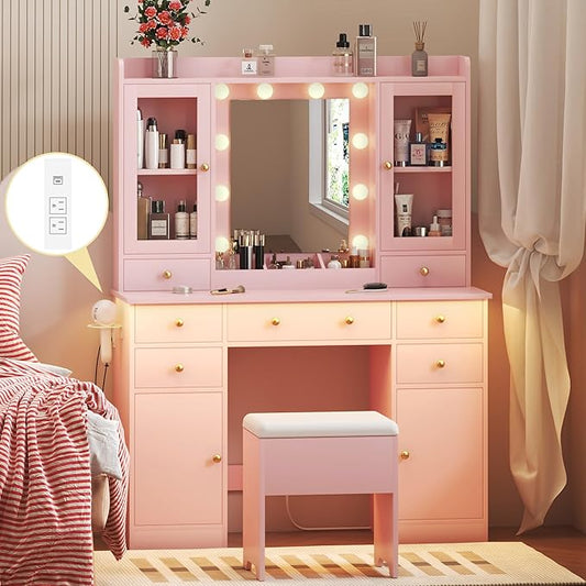 Vanity Desk with Mirror and Lights, Pink Vanity Mirror with Lights Desk and Chair &7 Drawers, Cabinets Makeup Vanity Table with with Stool for Bedroom 3 Lights Mode and Brightness Adjusted
