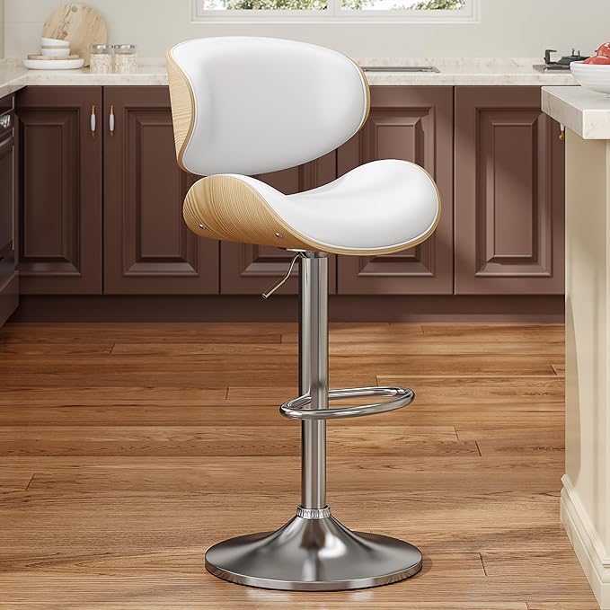 Swivel Bar Stools for Kitchen Counter, Adjustable Bentwood Barstools, Modern PU Leather Upholstered Bar Chair with Back and Footrest, for Bar, Kitchen, Dining Room, Snow White