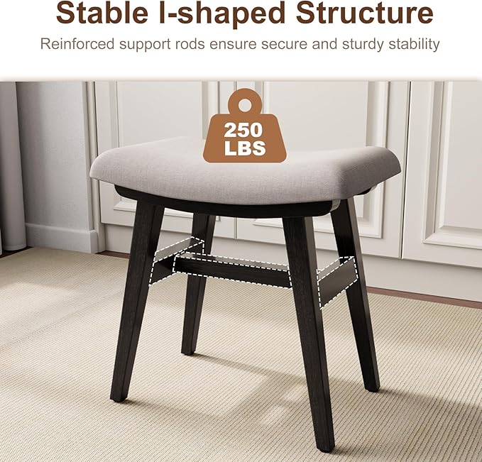 Solid Wood Small Vanity Stool, Compact Makeup Chair with Saddle Cushion, Linen-Covered High Rebound Sponge Seat, Easy Assembly Footstool for Bedroom, Entryway, Home, Black
