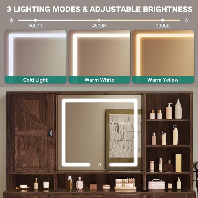 YITAHOME 48'' Farmhouse Makeup Vanity Desk with Mirror and Lights, 68'' 360° Rotation Big Modern Lighted Vanity Table with 6 Drawers & Lots Shelves, Rustic Large Dressing Table, Antique Brown