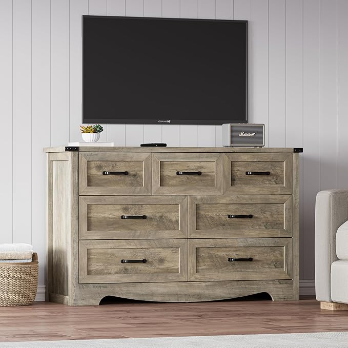 7-Drawer Dresser for Bedroom – 47" Wide Modern Wooden Chest with Natural Wood Texture, TV Stand & Storage, Metal Corner Brackets, Wood Drawer Organizer for Living Room, Hallway