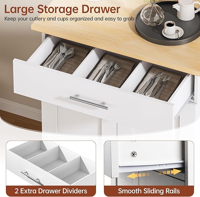 Kitchen Island Cart on Wheels with Storage - Rolling Kitchen Island with Large Drawer & Dividers | Adjustable Shelf | Towel Rack, Portable Kitchen Cart for Small Space, White